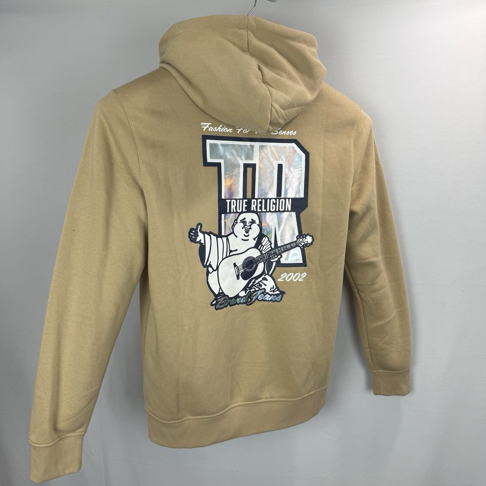 True Religion Full Zip Hoodie Sweatshirt Mens Large Tan Horseshoe Graphic Logo